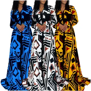 C8550 Latest Design Autumn & Winter Dress For Women Elegent Print Long Sleeve Lace Up Long Dresses Women Shirt Dress