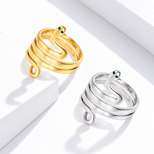 Gold and <b>Silver</b> Tone <b>Snake</b> <b>Ring</b> Coiled Wrap Design with Green Eye Accents Polished Statement Jewelry - Product Image 1