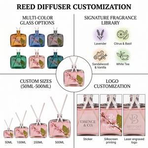 Luxury Flat Square Glass <b>Reed</b> <b>Diffuser</b> Set With Dried Flowers <b>For</b> Modern Home Decor Wholesale Private Label Premium Realistic - Product Image 2