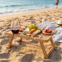 Table de pique-nique portable en bambou pliable pour vin, collations et fromages, avec porte-bouteille et porte-verres, pour le camping, la plage, le parc