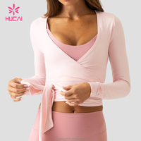Haut de yoga et de sport pour femme, personnalisé avec logo ODM, respirant, col en V, ajustable, à nouer, manches longues, idéal pour le ballet, le Pilates et la gym