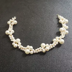 SLBRIDAL Goldene Handgemachte Verdrahtete Multi Perlen Braut Tiara Stirnband Haar Kamm Haar Pin Set Hochzeit Haar Zubehör Frauen Schmuck