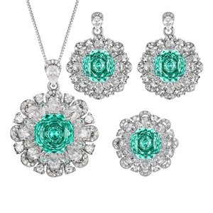 Fashion Eco-friendly Copper Floral Pendant <b>Earring</b> Ring <b>Set</b> 12-10mm Paraiba Green Zircon Bridal Jewelry <b>Set</b> for Wedding - Product Image 1