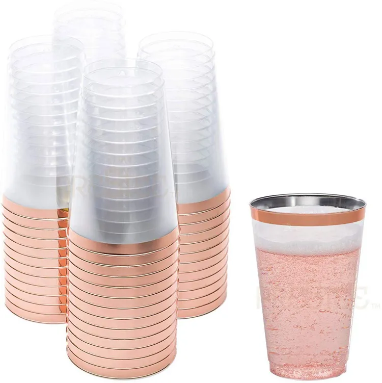 Vasos de plástico desechables para decoración de boda, vasos de plástico de oro rosa de 12 Oz, con borde de oro rosa, para fiesta