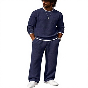 Women's Navy Blue Dot Pattern Knitted <b>Sweater</b> <b>Set</b> Crew Neck Full Length Pants Casual Loose Fit Breathable Cotton Material - Product Image 2