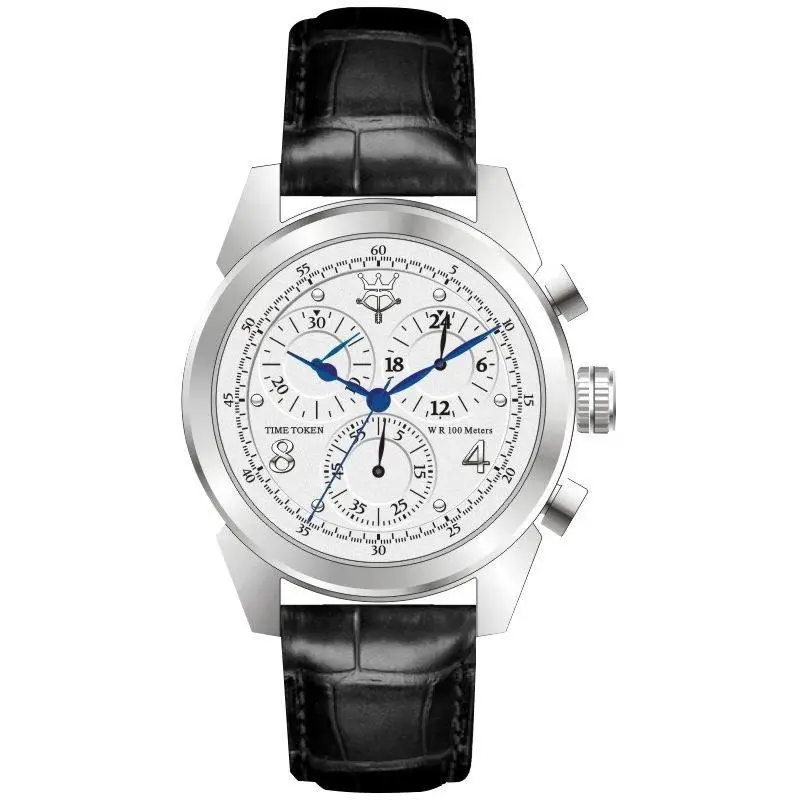 Tijd Token Casual Chronograaf Quartz Horloge Water Resist 10 Bar Relojes Hombre Zwart Lederen Horloges Voor Mannen