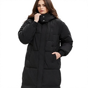 Chaqueta Larga Acolchada para Mujer, Negra, con Capucha, Manga Larga, Abrigo Cálido de Invierno con Bolsillos de Parche, Cierre de Botones, Fibra de Poliéster Gruesa - Product Image 1