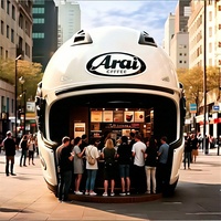 Kiosco de Café Gigante con Forma de Casco; Puesto de Snacks Móvil para Calle Comercial en Zona Turística; Food Truck de Hamburguesas y Pollo Frito.