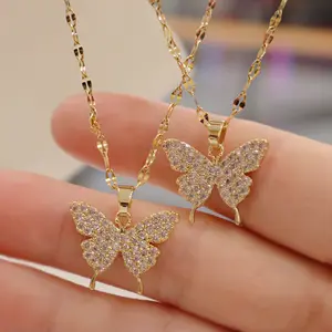 Wholesale Women Elegant Gold Silver Plating Butterfly Charm Necklace Sparkling Crystal Rhinestone Butterfly Necklace