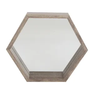 高品质装饰木制六角架仿古黄铜色黑色玻璃壁挂式镜子