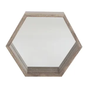 Antique Brass Decorative <strong>Wooden</strong> Hexagon <strong>Shelves</strong> with Black Glass High Quality Wall Mounted <strong>Mirror</strong> - Product Image 1