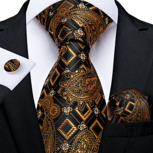 Set Cravatta da <span class=keywords><strong>Uomo</strong></span> Blu Navy con Righe Dorate, Fazzoletto e <span class=keywords><strong>Gemelli</strong></span>, Tessuto Jacquard in Seta per Matrimonio - Product Image 5