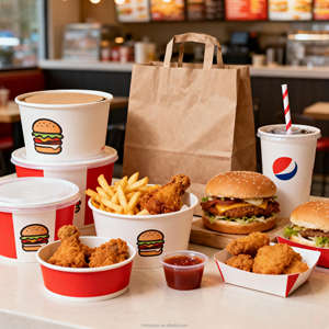 KFC Biologisch afbreekbare milieuvriendelijke frietbak 85oz 130oz met papieren deksel, merklogo, duurzaam voor gezinsmaaltijden - Product Image 1