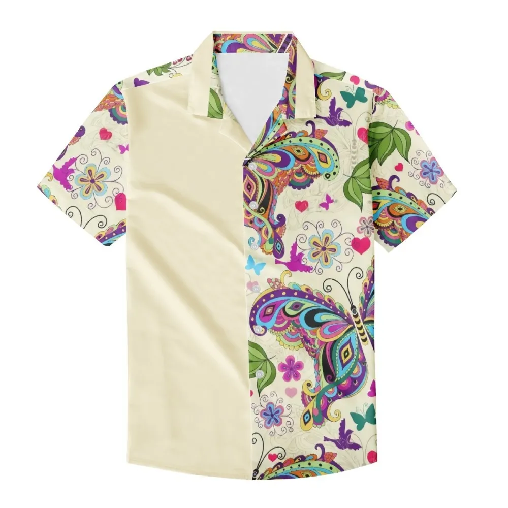 Vlinder Kleurrijke Indiase Stijl Casual Button Down Zeer Luid Shortsleeve Unisex Strand Polyester Heren T-shirts Oversized