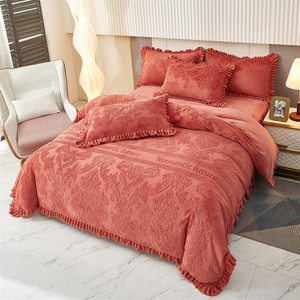 Juego de cuatro piezas de gama alta 300TC, ropa de cama de franela de invierno de terciopelo de leche tallada sólida, funda nórdica de lana Coral de doble cara para el hogar - Product Image 3