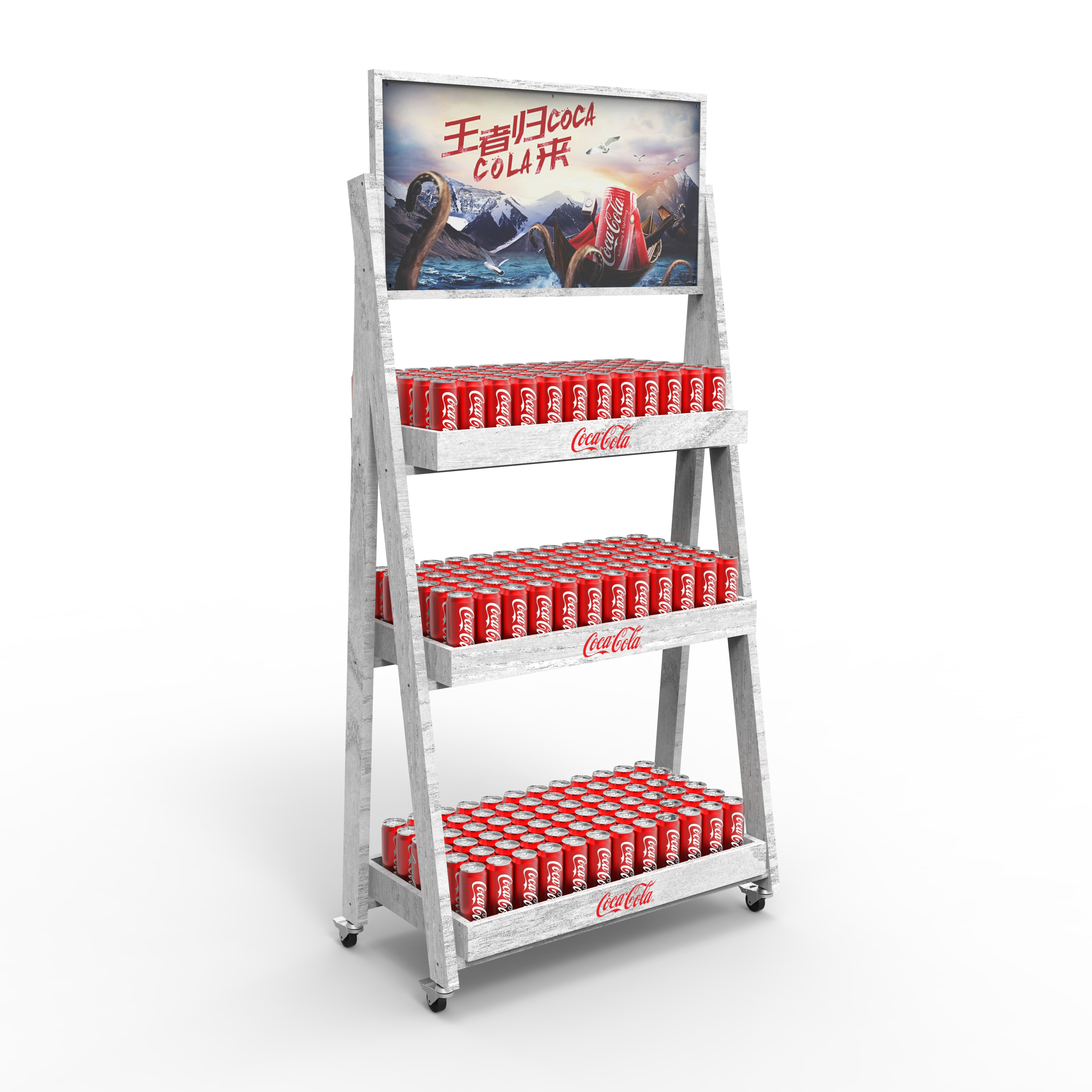 Ladder Shape Cola Display Stand 3 Tier Wooden Beverage Display Racks Floor Stand Wood Shelf for Retail Shop