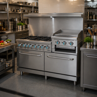 Cuisinière à gaz commerciale en acier inoxydable à 6 brûleurs avec plaque de cuisson, gril et four pour cuisine de restaurant