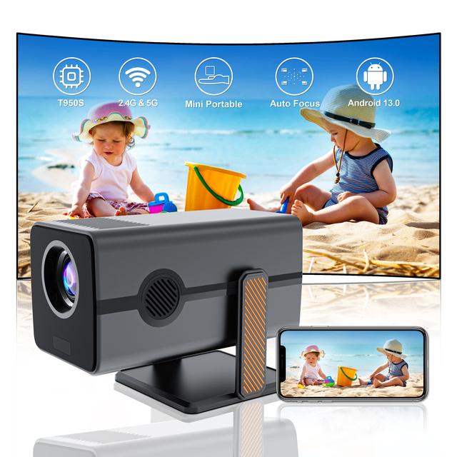 Zkmagic LCD Mini Projector Auto Focus 300 ANSI Lumens Android 13 Potable Projector Support 4K Video Output