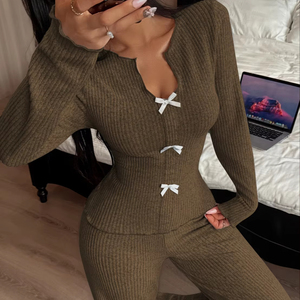 女式罗纹冬秋松紧腰睡衣套装长袖休闲服两件套睡衣居家服睡衣舒适运动服 - Product Image 1