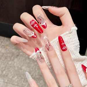 Unghie Artificiali Rosse Festive Natalizie con Fiocchi di Neve, Riutilizzabili, Corte, Forma a Mandorla, 10 Pezzi, Unghie Finte Fatte a Mano, Vendita all'Ingrosso - Product Image 5