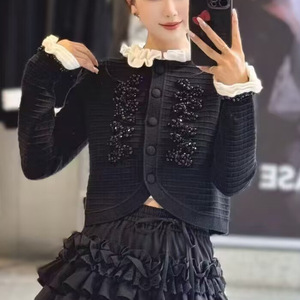 Cárdigan Corto de Punto con Cuello de Encaje de Diseño Moderno para <span class=keywords><strong>Mujer</strong></span>, Manga Larga, Color Sólido, Estilo Básico, Mano de Obra <span class=keywords><strong>Fina</strong></span> con Cuentas - Product Image 3