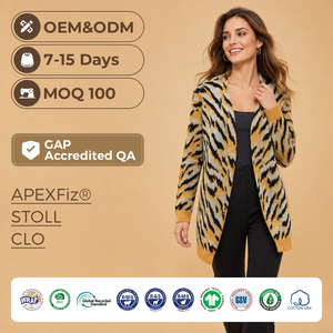<span class=keywords><strong>Cardigan</strong></span> Lungo da Donna in Maglia Jacquard con Motivo Tigre e Zebra, Scollo a V Profondo, Orlo a Costine, Caldo Cappotto Invernale Lavorato a Maglia - Product Image 1