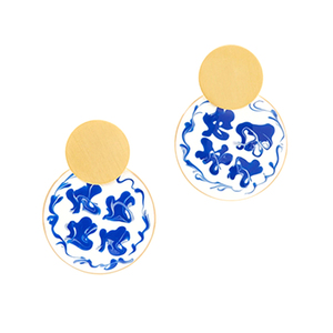 Pendientes de botón ROXI de latón con baño de rodio, estilo chino, con esmalte de porcelana azul y blanca, diseño de gota de aceite. - Product Image 1