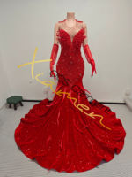 Robe de soirée de luxe Ocstrade pour 18e anniversaire, ornée de perles faites à la main, avec traîne sirène et plumes, robe de bal noire avec gants