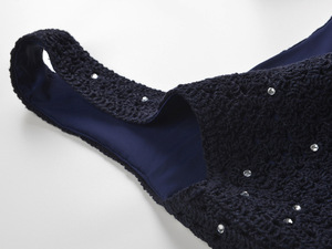 Nuovo Arrivo 2025 Abito Estivo <span class=keywords><strong>in</strong></span> <span class=keywords><strong>Maglia</strong></span> <span class=keywords><strong>Blu</strong></span> Navy con Ricami di Diamanti, Scollo Quadrato, Taglio Slim, Casual per Feste - Product Image 3