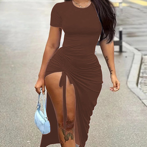 2024 da <span class=keywords><strong>donna</strong></span> Sexy e Slim girocollo tinta unita disegna a fessura pieghettata <span class=keywords><strong>abiti</strong></span> irregolari a maniche corte da <span class=keywords><strong>donna</strong></span> <span class=keywords><strong>eleganti</strong></span> da <span class=keywords><strong>donna</strong></span> - Product Image 2