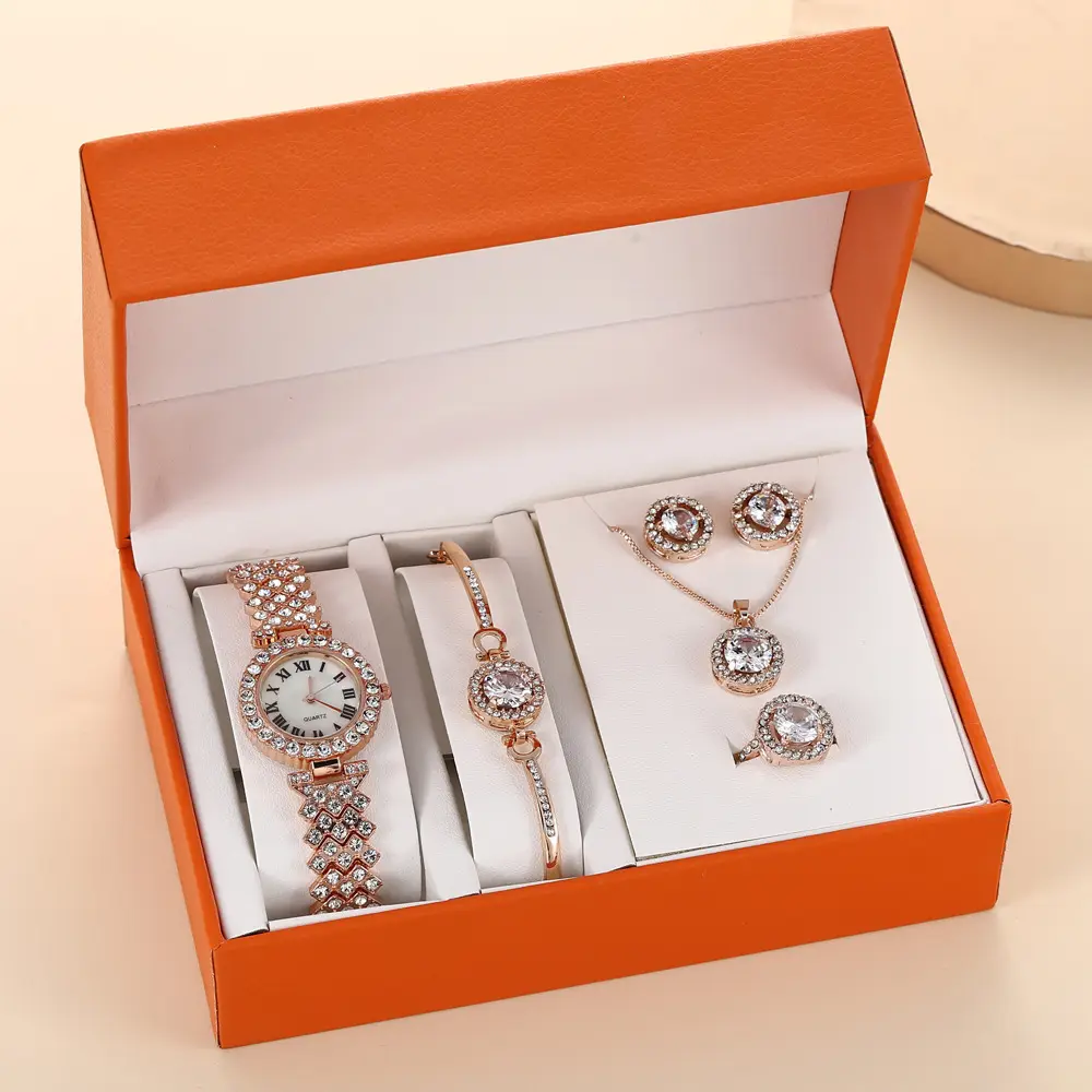 Luxury Jewelry Gift Set Girls Ladies Watch Bracelet Necklace Set 6 Piece Iced Out Diamond Watch Set Women