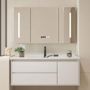 Mueble de Baño Moderno de Lujo Estilo Europeo, Color Blanco, con Luces LED, Espejo Inteligente, Gabinete de Melamina con Acabado Lacado y Cerámica - Product Image 3