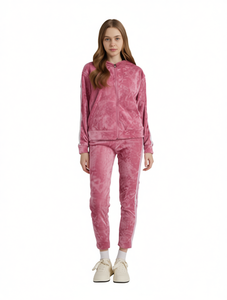 Tuta in pile rosa tie-dye da donna con cappuccio e cerniera, maniche lunghe, pantaloni casual a lunghezza caviglia con tasche laterali, ideale per l'autunno - Product Image 1