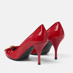 Zapatos de tacón alto y fino para mujer, con punta redonda, de charol, con decoración circular, sandalias de vestir, estilo stiletto, para pies anchos, con lazo frontal - Product Image 3