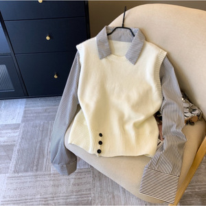 Camiseta de punto para mujer, a rayas, con solapa, efecto dos piezas, corte holgado, manga larga, cuello polo, diseño suave con empalmes - Product Image 3
