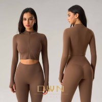 Mujer de manga larga deportes Yoga otoño primavera recortada Top con capucha Slim Fit cintura ceñida transpirable patrón cremallera chaqueta
