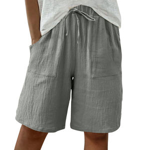 Taille haute cordon jambe large décontracté genou longueur Shorts été pour femmes 2025 confortable coton crêpe <span class=keywords><strong>Bermuda</strong></span> avec poches - Product Image 3