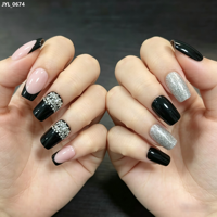 24 faux ongles à presser noirs et roses, style français, avec paillettes argentées et strass, longueur moyenne, forme carrée, pré-dessinés, réutilisables, design de luxe