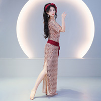 Robe longue à sequins pour danse Saidi 2026, costume de performance de danse du ventre Baladi Cane Dance avec ceinture assortie pour femmes