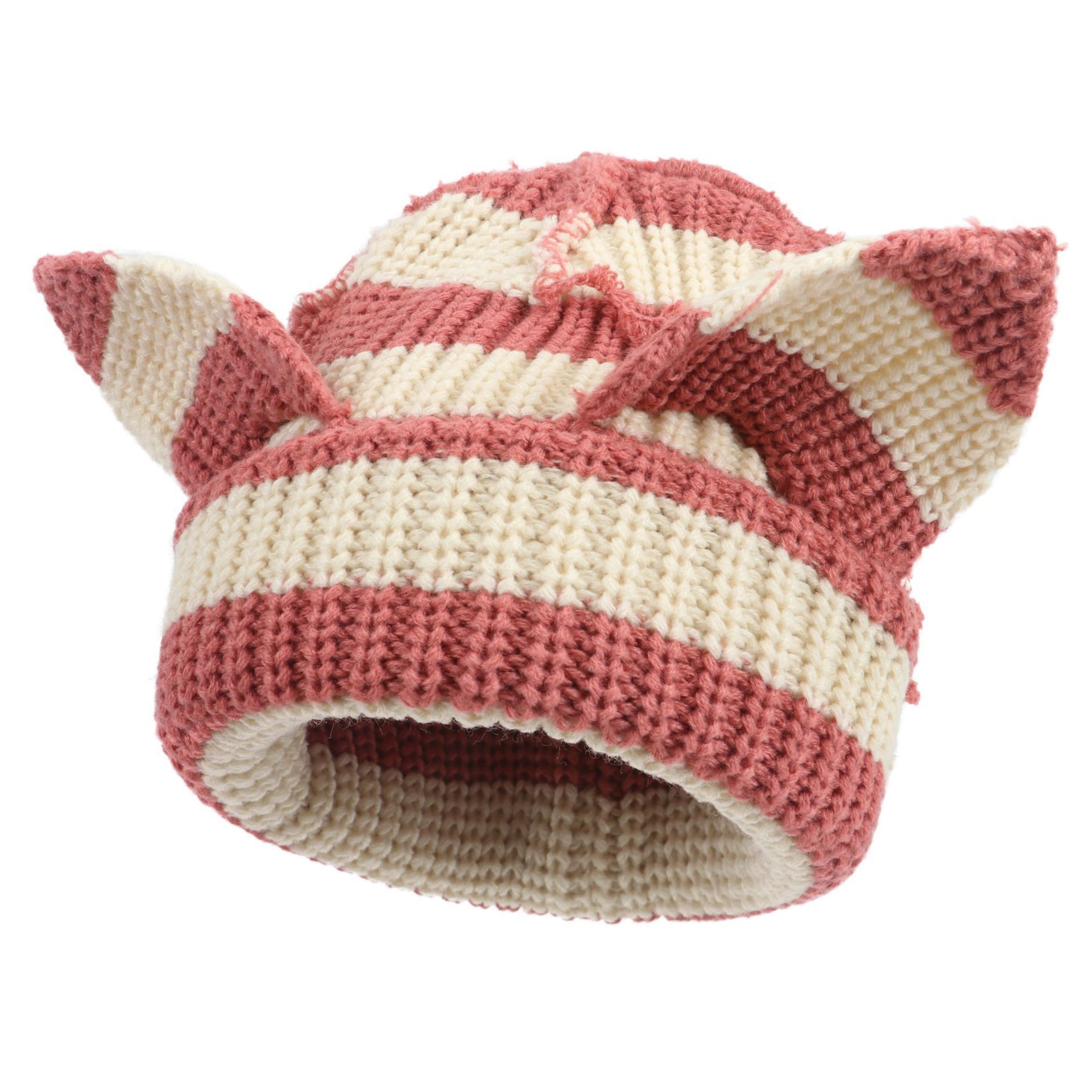 Pink stripes Cute Cat Ears Knit Beanie Women Men Slouchy Hat