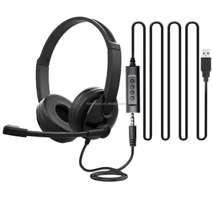 Lishen OEM廉价双耳USB 3.5毫米插头有线耳机耳机，带麦克风，用于呼叫中心电脑PC工作