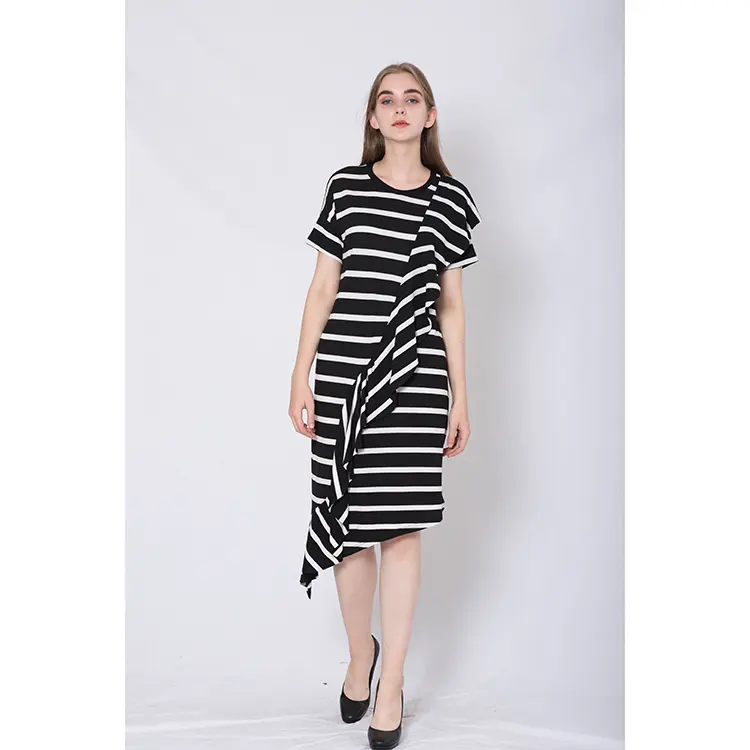 Manufacturers Supply Cheap Casual Summer Short-sleeved Pure Cotton Dress Printing Slim Striped Mid-length T-shirt Dress