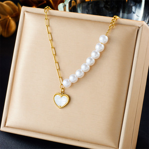 European American Style Pearl Chain Gold Plated Heart Pendant Necklace Stainless Steel Gift Jewelry - Product Image 1