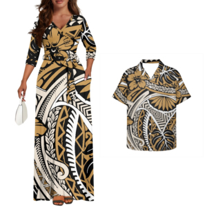 Ropa de pareja de diseño naranja, vestido informal con patrón Floral Hawaiano para mujer, Vestido largo con estampado de hojas para mujer, camisa Aloha para <span class=keywords><strong>hombre</strong></span> - Product Image 4