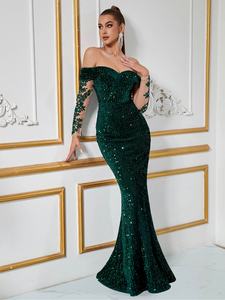 新トレンド高品質レディースフォーマルパーティーイブニングマキシスパンコールボールガウンマーメイドシルエット防シワドレス - Product Image 5