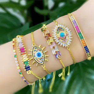 Bracelet en pierre Zircon, bijoux multicolores, couleur arc-en-ciel, chaîne maillons, accessoires, lot de 10 pièces