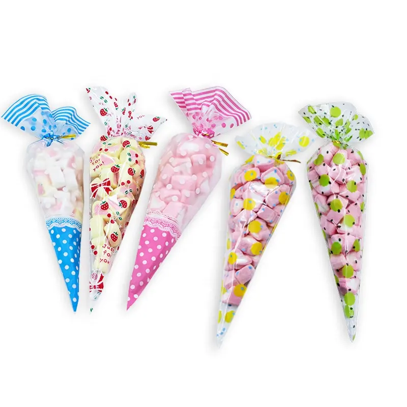 Opp Triangle Bag Sweet Cone Bags for Popcorn Flower Candy Food Custom Side Gusset Bag Gravure Printing Drawstring Bopp Accept