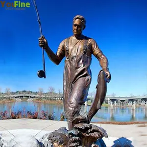 Most Popular Bronze Fishman Statue With Fishing Rod And Fish Sculpture For Sale