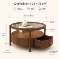 Table basse ronde Japandi avec surface en verre, tiroir de rangement en bois et 4 pieds