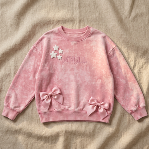 <b>Pink</b> Heavy Weight Cotton Crewneck <b>Sweatshirt</b> Women Embroidered Angel Bow Decor Drop-shoulder Pullover - Product Image 1